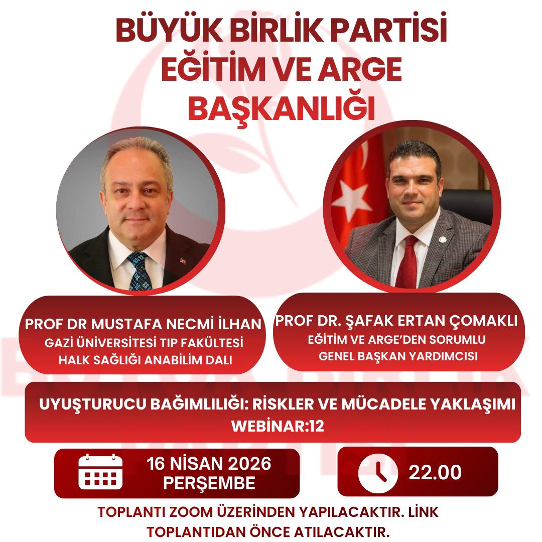 ProfDrComakli's tweet photo. Büyük Birlik Partisi webinar programlarında bu hafta ÜAK Tıp - Sağlık Bilimleri Eğitim Konseyi Başkanı ve Gazi Üniversitesi Tıp Fakültesi Halk Sağlığı Anabilimdalı ve Meslek Hastalıkları Bilim Dalı Öğretim üyesi sayın Prof. Dr. Mustafa Necmi İLHAN  Beyefendinin “uyuşturucu ile mücadele politikaları” özelinde sunum toplantısı gerçekleştirilmiştir.

16 Nisan 2026 Perşembe günü saat 22.00’de Zoom platformu üzerinden il ve ilçe teşkilat mensuplarımızın yoğun katılımıyla “Uyuşturucu Bağımlılığı: Riskler ve Mücadele Yaklaşımı”  başlığıyla verilen eğitim programı Mehmet Kürşat Akan hocamızın dijital organizasyonuyla düzenlenmiştir.

Toplantıda ülkemizde ve dünya genelinde gündemde olan ve toplumu ve özellikle gençleri derinden etkileyen “uyuşturucu bağımlılığı”na dair riskler ve bunlarla mücadele yöntemlerine saha denetim ve  bilimsel açıdan değinilmiştir. Değerli hocamızın sunumlarıyla özellikle uyuşturucuyla mücadelede farkındalık oluşturulması bakımından interaktif bir etkinlik düzenlenmiştir.

Toplantıda il ve ilçe başkanlarımız ve üyelerimizin katılımlarıyla konu üzerinde karşılıklı istişare ortamında görüşler paylaşılmış ve siyasal ve sosyal sürece ilişkin düşünceler aktarılmıştır.

Bu bağlamda Büyük Birlik Partisi olarak; her platformda olduğu gibi dijital araçlarla da gündemi takip etmeye ve bilgi paylaşımına kararlılıkla devam edeceğiz.

Kamuoyuna saygıyla duyurulur.

Prof. Dr. Şafak Ertan ÇOMAKLI

Büyük Birlik Partisi
Eğitim ve AR-GE Başkanlığı

#MuhsinYazıcıoğlu #Alperen @Mustafa_Destici @bbpgenelmerkez #Eğitim #webinar #BüyükBirlik @profdrmnilhan