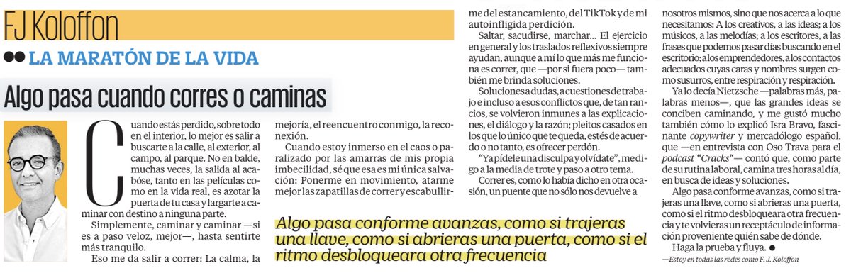 FJKoloffon's tweet photo. Cuando estás perdido, sobre todo en el interior, lo mejor es salir a buscarte a la calle, al exterior, al parque, al campo. Caminar y correr son vehículos para regresar a nosotros, pero también para encontrar otras cosas que necesitamos. Mi columna de hoy en
@El_Universal_Mx.👇 https://t.co/iYYywwKht0