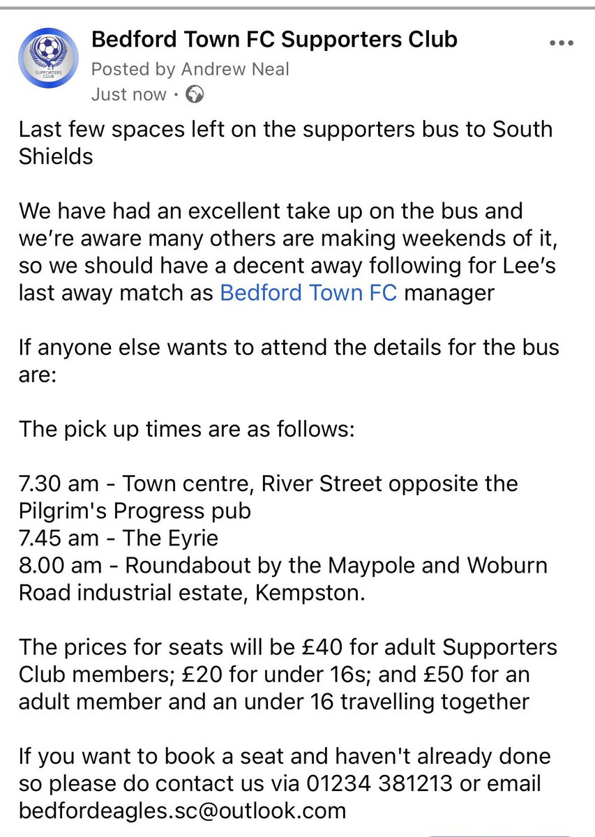 It’s not too late to book a seat on the supporters club bus to <a href="/BedfordTown/">Bedford Town FC</a> last away match of the season  at South Shields