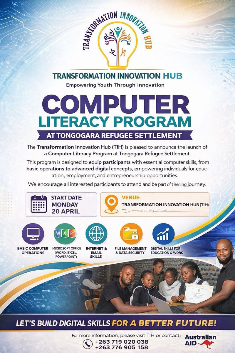 TIHchangemakers's tweet photo. We are launching a Computer Literacy Program at Tongogara Refugee Settlement to help young people and the community gain essential computer skills for the future through digital skills 💻
🗓 Starting 20 April. Join us and be part of the change. @AusEmbZim https://t.co/doqiw44xA5