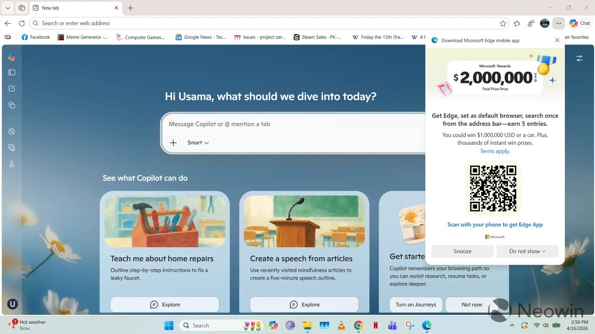 SaudiAndroid's tweet image. مايكروسوفت أطلقت مسابقة بجوائز 2 مليون دولار لمستخدمين متصفح إيدج.

تقول الشركة كل مااستخدمت ايدج أكثر تزيد فرصك في الفوز .. والقيام بأشياء مثل جعله افتراضي أو مشاركة روابط واستخدام Bing يزيد من فرص الفوز.😀

#Microsoft #Edge