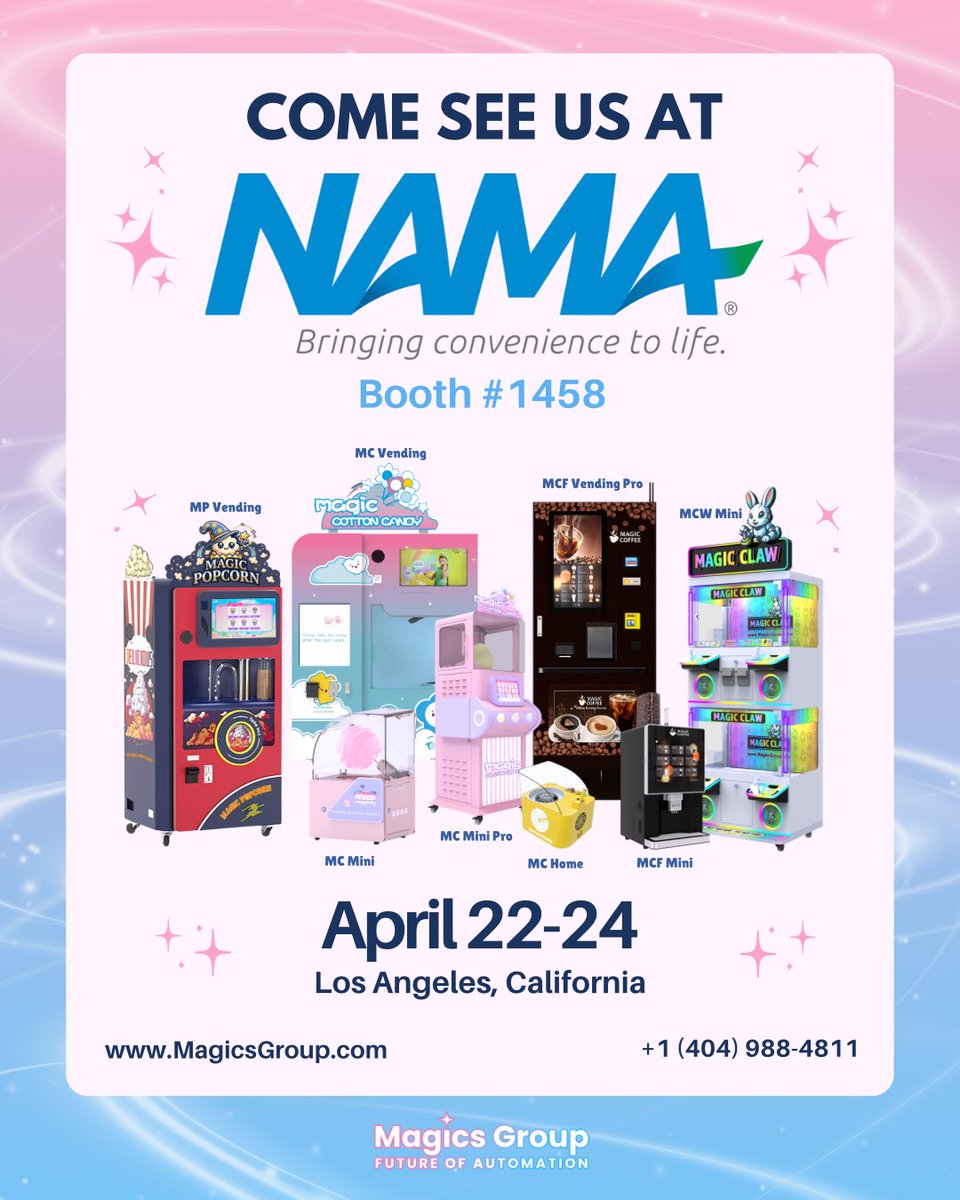 Next up… NAMA Show! We will be in Los Angeles, CA next week to show you the magic of our machines. We’d love to see you there! 😁🪄

📍 Los Angeles, CA 
April 22-24, 2026
Booth #1458 

Turn easy vending into real revenue, real fast. 💸

#magicsgroup #magiccottoncandy #nama