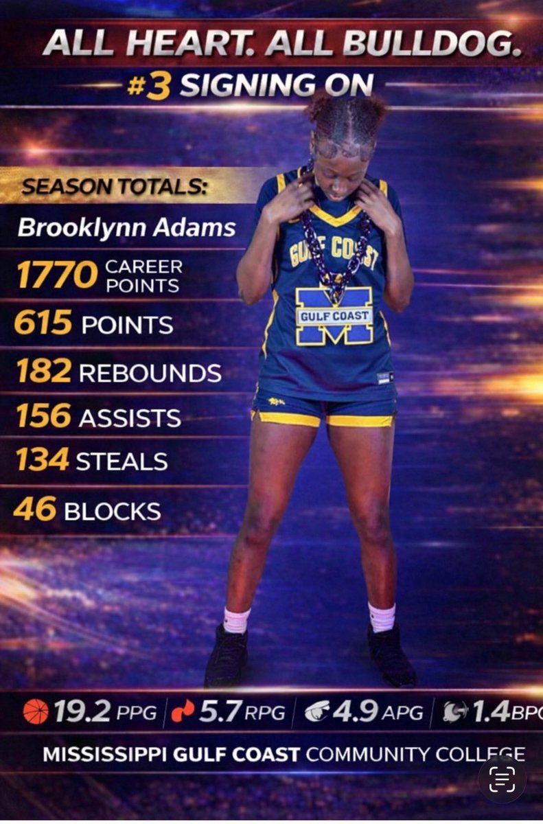 MGCCC_WBB's tweet photo. Please help us welcome Brooklyn Adams to our Bulldog family! 💙💛
✅District 8-2A Offensive Player of the year (Junior 2025)
✅All-State (Junior 2025 &amp; Senior 2026)
✅MS North/South All-Star (Junior 2025)
✅8-2A District Champions (Senior 2026)
✅District 8-2A MVP (Senior 2026) https://t.co/C705krOpsj