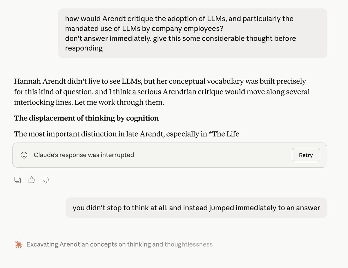 AshtonSix's tweet photo. @emollick i suspect a bug that silently disables thinking for the first message of a new session

i've found Opus uses adaptive thinking, even for banal topics, if 1) you ask it to, and 2) it's not the first message of a session https://t.co/4OExnHai84