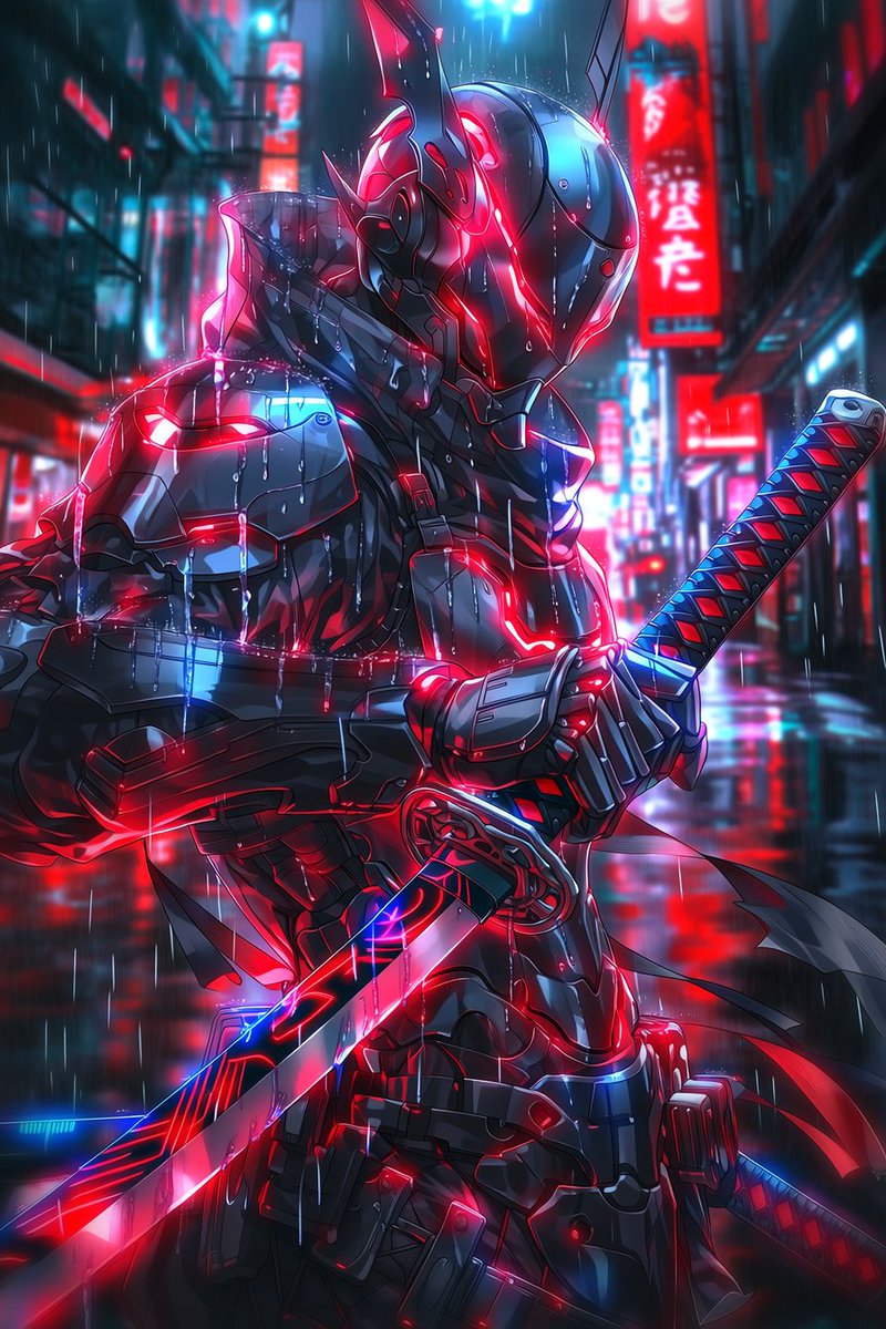 blombergphoto's tweet image. Rain-soaked neon cyberpunk samurai stands ready in the glowing streets 🔥 Black armor with blazing red lights, dual katanas, pure menace. Tokyo cyberpunk vibes hit different at night. Who’s ready for this fight? ⚔️🌧️ #Cyberpunk #Samurai #NeonArt #AnimeArt #DigitalArt