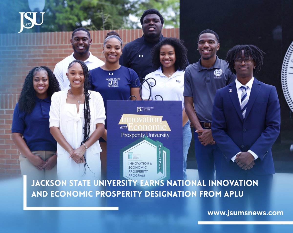 JacksonStateU's tweet photo. Jackson State University has earned the Innovation and Economic Prosperity (IEP) designation from the Association of Public and Land-grant Universities (APLU). 

Read more at the JSU Newsroom.

📰| https://t.co/eEUdihrsVh

#JacksonStateUniversity https://t.co/Xp4jDvevLK