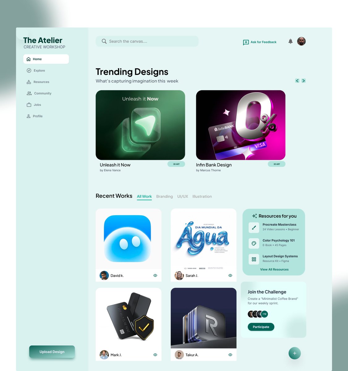 Tgconceptt's tweet photo. The interface is designed as a creative workshop homepage where designers can:

Discover trending design work 
Explore recent submissions across categories 
Access learning resources 
Participate in community challenges 
Upload and showcase their own designs https://t.co/51N7zgcaSS