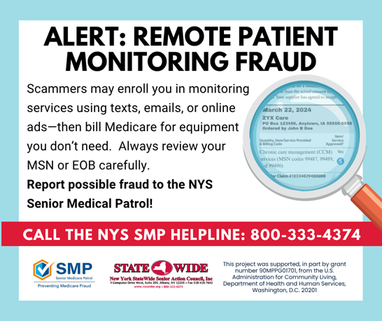 NY_StateWide's tweet photo. If you see charges for services like Remote Patient Monitoring that you didn’t request or receive, it could be a scam.
✔️Review your Medicare Summary Notice (MSN)
 ✔️ Look for unfamiliar services or providers
 ✔️ Report anything suspicious 
Contact the NYS Senior Medicare Patrol. https://t.co/uQnSbTJG7x