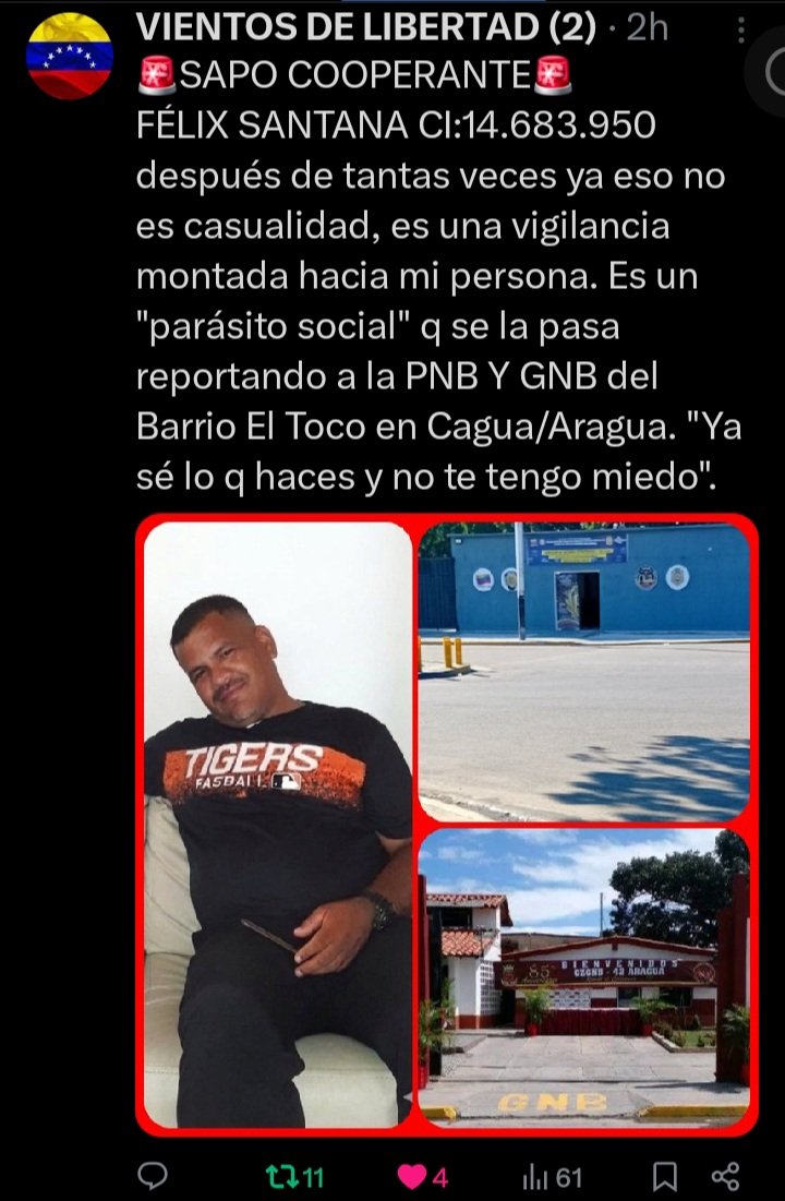 "Aunque quieran silenciar las denuncias con algoritmos, la verdad siempre sale a la luz. ¡RT para que el "SAPO COOPERANTE" no se esconda!". Siguen los informantes activos en Cagua. Aquí los datos completos del sapo cooperante.
