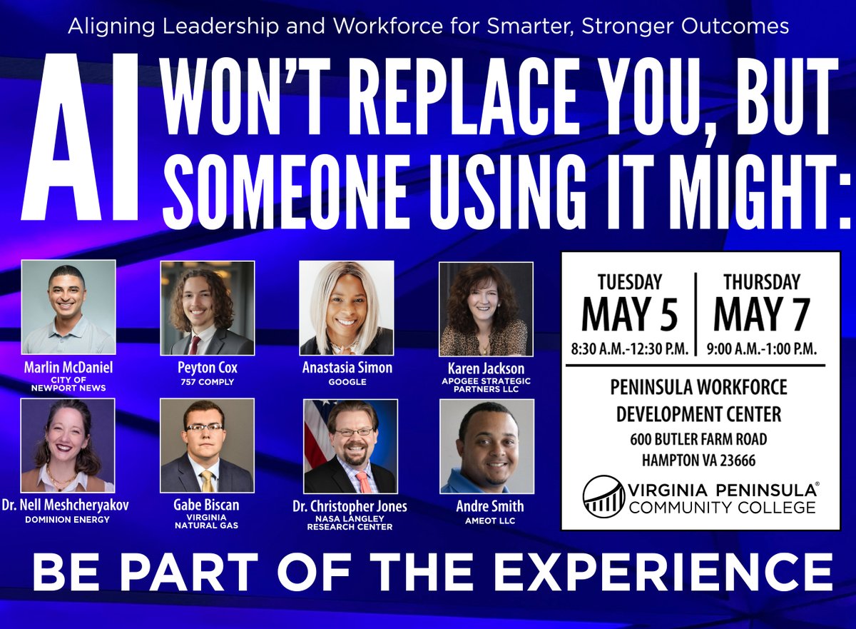 VPCCva's tweet image. Join us for our AI Professional Development Workshop: May 5 and May 7 — a lunch and learn event, featuring hands-on activities and experts in the field. REGISTER: hubs.li/Q04cq_Hv0 #ai #workship #hamptonroads