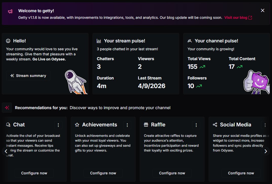 getty_sh's tweet photo. getty was created for Odysee creators and streamers who needed something that already existed on Twitch and YouTube: tip alerts, customizable widgets, and streaming tools that worked smoothly.

Will there be support for other platforms? Who knows. 😏 https://t.co/UW65Gy3qbH