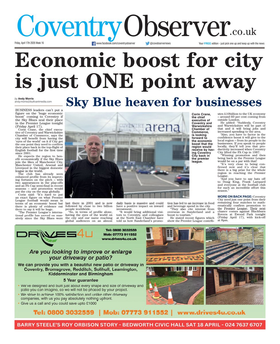 covobservernews's tweet photo. Here is a sneak preview of the front page of tomorrow's Coventry Observer - #tomorrowspaperstoday https://t.co/ttexREiDK2