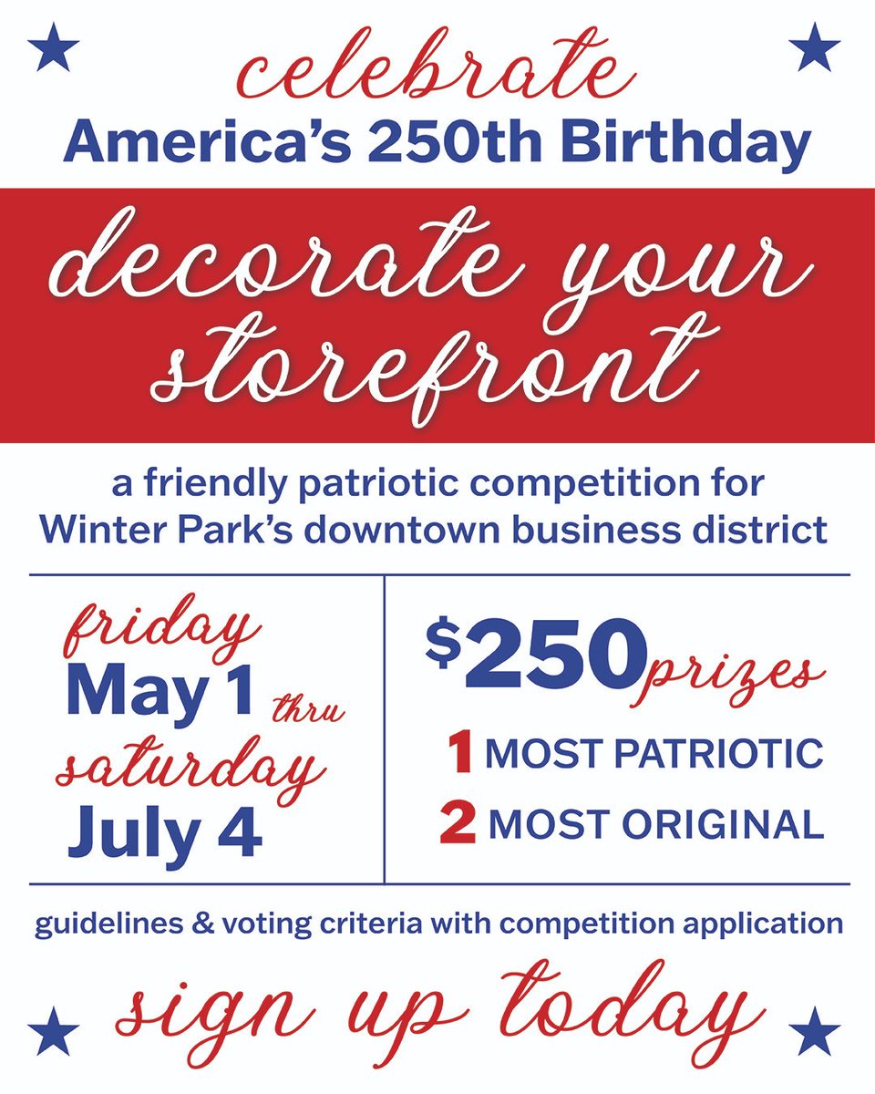WinterParkFla's tweet photo. Downtown Winter Park is about to look a lot more RED, WHITE & BLUE-tiful. ☺

Downtown Winter Park Business District merchants are encouraged to 'Decorate Your Storefront' with creative red, white & blue themes for the patriotic season May thru July. The America250 committee will judge participating merchant displays based upon various criteria to select two winners in the categories of Most Patriotic & Most Original. 

Complete details for this merchant competition & voting criteria ➡️ https://t.co/Cg5vXqN0bG
Full press release ➡️ https://t.co/40eWcEJeEt