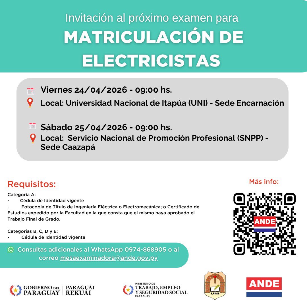 ANDEOficial's tweet photo. ¡ATENCIÓN ELECTRICISTAS!

La MEEDA - Mesa Examinadora de Electricistas de ANDE, tomará examen para matriculación en ENCARNACIÓN Y CAAZAPÁ. 

📝Materiales de apoyo para los exámenes en https://t.co/AGpUntRpaV.

🔗Agendamiento previo en el siguiente link: https://t.co/E5jCbmsEzh https://t.co/lDtm9OQkNr