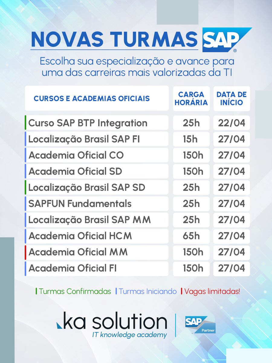 KaSolution's tweet photo. 🚀 Quem começa com SAP hoje, não disputa vaga amanhã… escolhe oportunidade. 

💡 O próximo passo da sua carreira começa aqui.
✅ Whatsapp: 11 5091-1616
➡️ Link Whats: https://t.co/e0wjDmCOSI
💻 Saiba mais em: https://t.co/mhrUD9K2NK
✉ cursos@kasolution.com.br

#KaSolution https://t.co/PYwhX81SDI