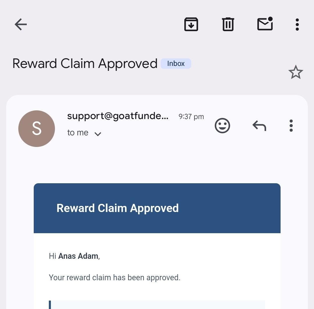 I received my reward account from <a href="/GoatFunded/">Goat Funded Trader</a>  
Thanks 😊
<a href="/HafeezGFT/">Hafeeez | Support</a>  <a href="/Haruna_gft/">Haruna | Support</a> <a href="/EdwardXLreal/">Edward</a>