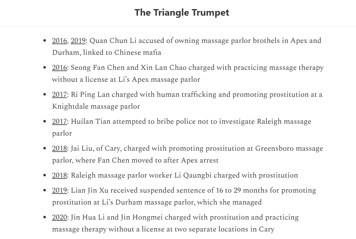 stephenehorn's tweet photo. The "massage parlor" brothels in the Triangle aren't just limited to Raleigh, Durham, Cary, Apex, Knightdale

Police in Pittsboro just raided a "Blue Jade Spa" over "illegal sexual activity and potential human trafficking"

No arrests were announced, but the previous cases appear to have exclusively involved Asians, especially Chinese (with one brothel owner alleged to have connections to Chinese organized crime)