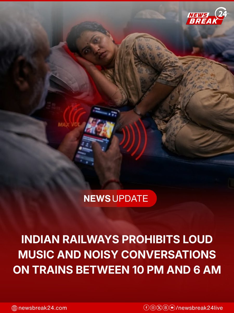 NewsBreak24Live's tweet image. Indian Railways enforces quiet hours (10 PM–6 AM); loud music and noise not allowed, headphones mandatory in coaches..
.
.
.
#IndianRailways #TravelRules #PassengerSafety #TrainJourney
