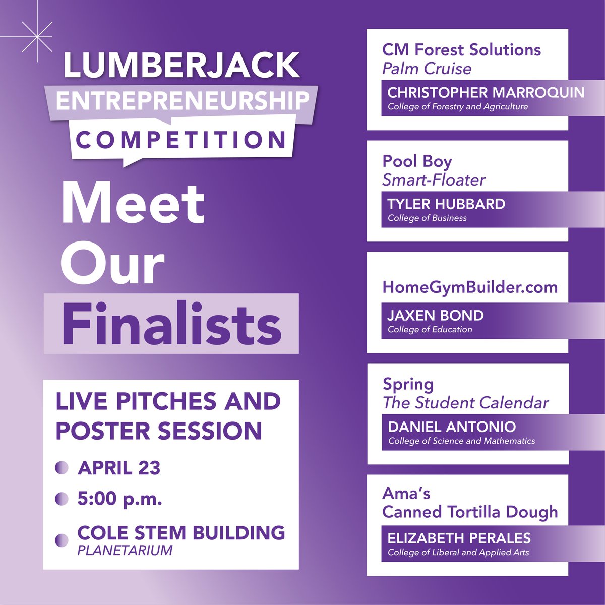 SFA_ACE's tweet photo. Meet our finalists!

These outstanding student entrepreneurs are taking the stage at the Lumberjack Entrepreneurship Competition, each pitching their idea for a chance to win $20,000 in funding.

Who do you think is going to take home 1st place in this years competition? https://t.co/LV3ZnmP1T3