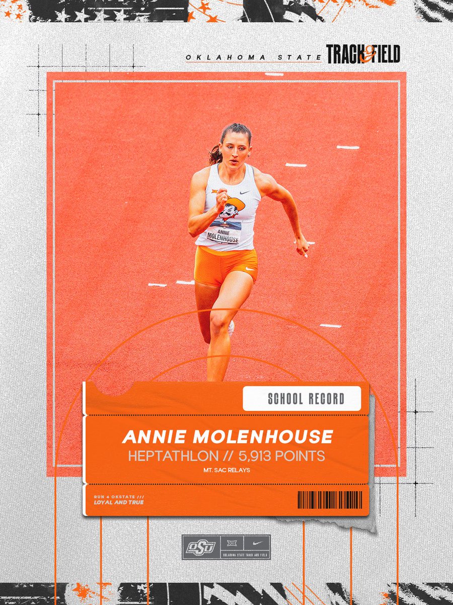 run4okstate's tweet photo. NEW SCHOOL RECORD &amp; NO. 3 IN THE NCAA‼️

Annie Molenhouse caps off an INCREDIBLE second day in the Heptathlon to take down the program record in the Heptathlon with 5,913 points at the Mt. SAC Relays🔥

#GoPokes I #run4okstate https://t.co/qIqLCT9uq8