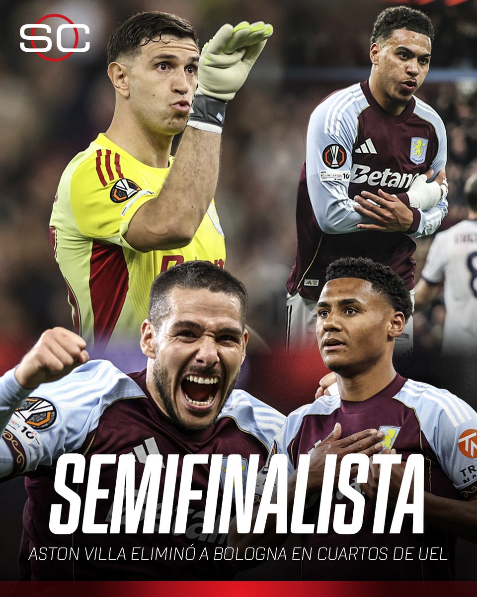 SC_ESPN's tweet image. 🔥 CON LA CHAPA DE CANDIDATO: ¡ASTON VILLA GOLEÓ A BOLOGNA Y ESTÁ EN SEMIFINALES!

🦇 Los Villanos vencieron 4-0 al conjunto italiano en la vuelta y con un aplastante 7-1 en el global, se metieron en la próxima instancia de la #UEL 

⚽⚽⚽⚽ Ollie Watkins, Emi Buendía, Morgan