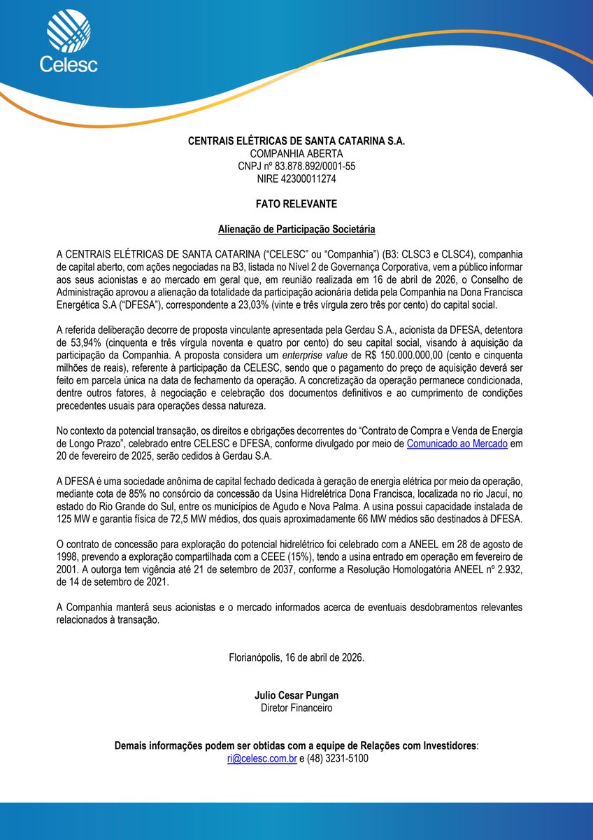 RiscoRetorno's tweet photo. #CLSC3 #CLSC4 – A CELESC aprovou a venda de sua participação de 23,03% na Dona Francisca Energética (DFESA) para a Gerdau S.A. por R$150 milhões. A operação depende da assinatura dos contratos definitivos e do cumprimento das condições usuais para conclusão. https://t.co/nBblUmGL1f