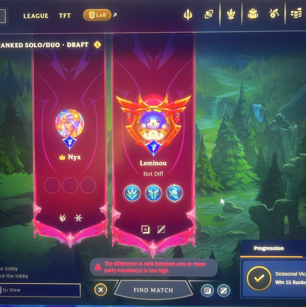 Daakty's tweet photo. Hello @RiotSupportFR, avec un ami on était en train de jouer en duoQ tranquillement, au MÊME elo quand soudain on ne peut plus tag ensemble car nos rank seraient trop différent (on est tout les deux diamant 1 : 41 LPs, et 2 LPs….) que ce passe t’il ? https://t.co/IyTJjoIgQl