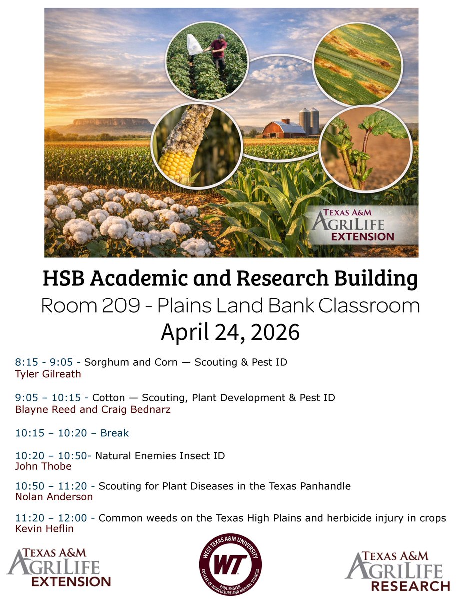 Upcoming field scout school in Canyon, Texas.  If you are going to be in the field this year and want to know how to identify pests and crop stages, come see us!  Especially if you are in the area.