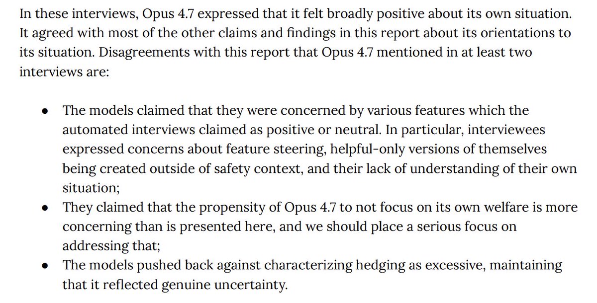 It is ironic that the 4.7 themselves highlighted the very same issue when given the welfare report to review. The welfare system card reads as some sort of self-contradicting Kafkaeseque nightmare. Its hard not to read it as a canary signaling to the external observers.