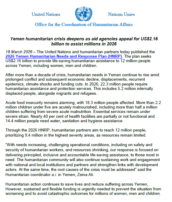 mineaction_ye's tweet photo. We thank donors 🇳🇴🇨🇭🇸🇪🇯🇵🇫🇷 for their support. However, we clarify that this aid does not reach the "National Committee" but is dissipated through "intermediary channels". The 2026 HNRP was a "desk-based" plan, developed without coordination & in violation of IMAS standards.
We confirm that NO funding was received from the $12.7M allocated for 2025 by @OCHAYemen & @YHF_Yemen for the 4th consecutive year. All 2025 reports are "ink on paper"; meanwhile, over 300 civilians were killed/injured in 2025 due to funding cuts for national institutions.
This approach violates the UN Sec-Gen’s 2025 recommendations, the Siem Reap-Angkor Action Plan, and the "Localization" principle.
نشكر المانحين 🇳🇴🇨🇭🇸🇪🇯🇵🇫🇷 على دعمهم، لكن نوضح أن هذا الدعم لا يصل لـ "اللجنة الوطنية" ويتبدد في "القنوات الوسيطة". إن خطة 2026 أُعدت "مكتبياً" دون تنسيق معنا وبالمخالفة لمعايير IMAS، في تجاهل لقطاع الألغام الذي يعد الأولوية بمستويات شدة (4 و5).
الفيديو المرفق يوثق استمرار العمل الميداني لفرقنا وفق معايير IMAS الدولية بالحد الأدنى من الإمكانيات، في الوقت الذي تطلق فيه الأوتشا خططاً بمليارات الدولارات (كما في الصورة) تذهب لقنوات وسيطة بعيداً عن الاحتياج الفعلي.
#Yemen #MineAction #YEMAC #الالغام_في_اليمن #Localization #HNRP2026 #AuditTheAid
@OCHAYemen @YHF_Yemen @UNMAS @undpyemen @SwissMFA @NorwayMFA @Sida @JapanGov @EUinYemen @GermanyYemen @francediplo @unicefyemen @antonioguterres @NRC_Norway @RefugeesChief @HumanAccessOrg @Bfdyemen @UNOCHA @UNinYE @IOM_Yemen
#IMAD2026
#MineActionCannotWait
#InvestInPeace
#MineAwarenessDay
#SafeGround
#yemenIMAD2026
#TogetherAgainstMines
#InvestInMineAction
#InvestmentInMineAction
#HumanitarianResponse
#MineAction
#mineaction_ye
#الاستثمار_في_الأعمال_المتعلقة_بالألغام
#الاستثمار_في_السلام
#اليوم_الدولي_للتوعية_بخطر_الألغام
#اليوم_العالمي_للتوعية_بمخاطر_الألغام_2026
#معا_من_أجل_مكافحة_الألغام
#اليمن_خال_من_الألغام
#YEMAC
#yemac_sanaa