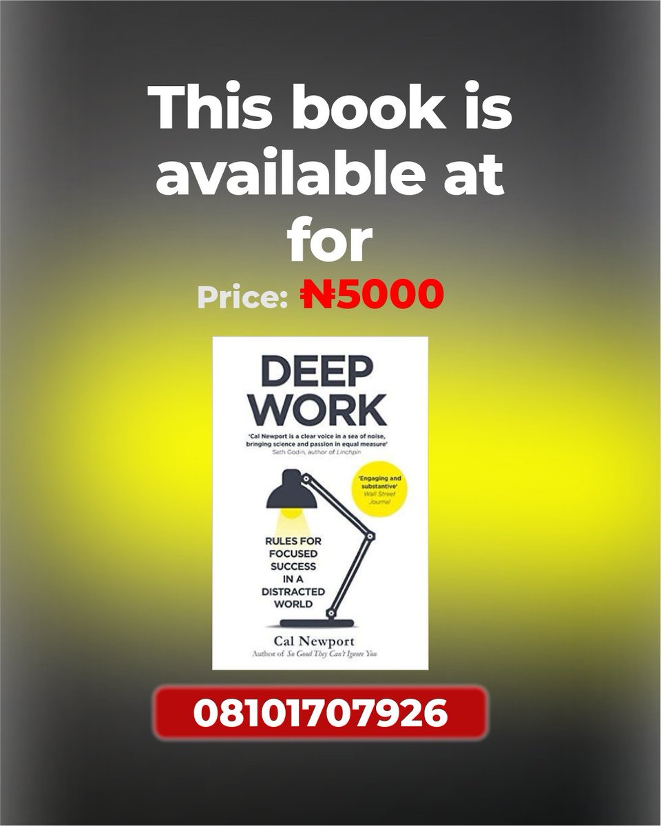 TalkDominic's tweet photo. 'Deep Work' by Cal Newport. It made me think about how much time we spend distracted and how focusing without interruptions can really boost productivity. When was the last time you fully dedicated yourself to one task ...

 Need this book
Available for
Price:5000 https://t.co/yoQuwoYhVy
