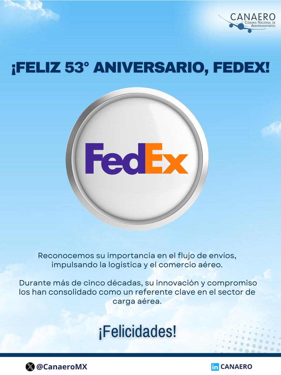 CANAEROMX's tweet image. Celebramos junto a @FedEx su 53° aniversario. 🛫📦   

Su trabajo hace posible que cada paquete llegue de manera segura y eficiente a su destino en cualquier parte mundo.📍🗺

#FedEx 
#JuntosMásFuertes
#Aviación
#CargaAérea