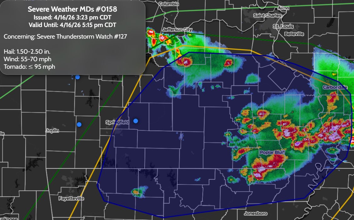 StormTrackingHQ's tweet image. Severe Weather MDs 0158 has been issued for parts of #Missouri, #Tennessee, #Kentucky, #Arkansas and #Illinois 

Concerning: Severe Thunderstorm Watch #127 

#Hail: 1.50-2.50 in. 
#Wind: 55-70 mph
#Tornado: ≤ 95 mph

Valid until 5:15 pm CDT Today

#wxtwitter #wxX #wx #severewx