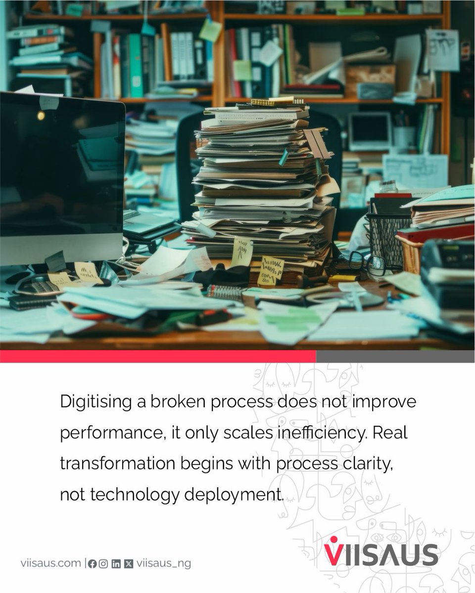 Most digital transformation fails because organisations scale broken processes.

Technology amplifies inefficiency.

At VIISAUS, we redesign #workflows before digitisation so organisations scale what actually works.

#viisausng
