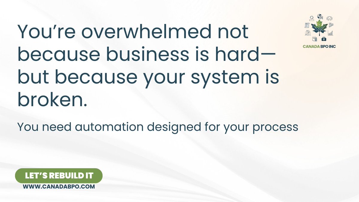 CanadaBpoInc's tweet image. When your team is drowning in daily tasks, it’s not a people problem. It’s a system problem.
Let’s design automations that align with your process—not just plug-ins.
#FixTheSystem #AutomateBetter #ScalableSolutions #GrowthStack #CanadaBPO
