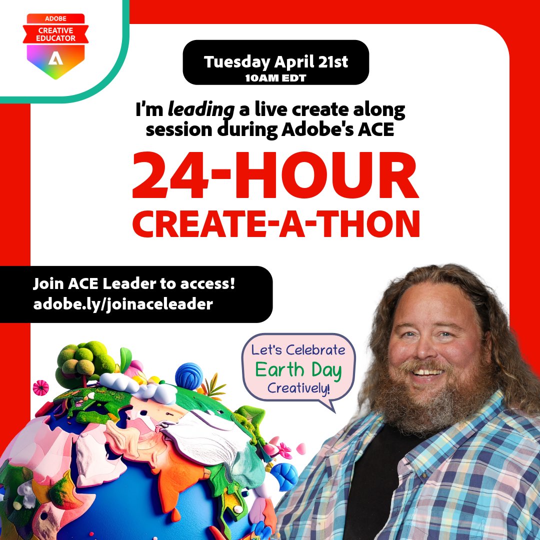 timneedles's tweet image. Join me for a live create-along during @AdobeForEdu’s 24-Hour #ACECreateAThon! We’re using AI to help students visualize creative environmental solutions-just in time for #EarthDay! 🍃

🗓 April 21 | 10AM EDT
🔗 Join ACE: adobe.ly/joinaceleader
#AdobeEduCreative #ACECreateAThon