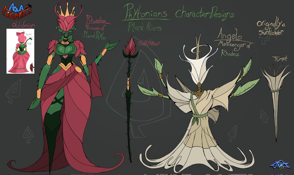 JN27xxx's tweet image. Took a while to post sorry, for the little delay (posted before 6 days 🎉)

so here are two Phytonian designs, alien plant ppl inspired by Greek, ye #ArtistOnTwitter #characterdesign #conceptart #originalcharacters #ocart #Aliens #AquaFighters