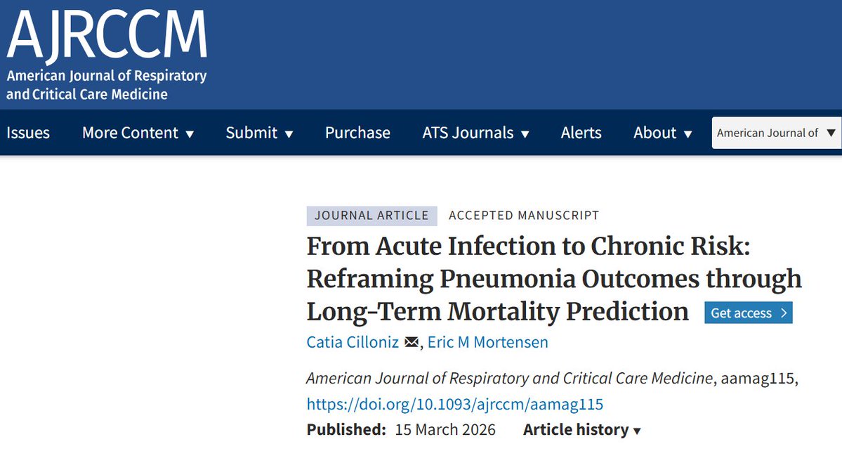 CatiaCilloniz's tweet image. From Acute Infection to Chronic Risk: Reframing #Pneumonia Outcomes through Long-Term Mortality Prediction academic.oup.com/ajrccm/article…