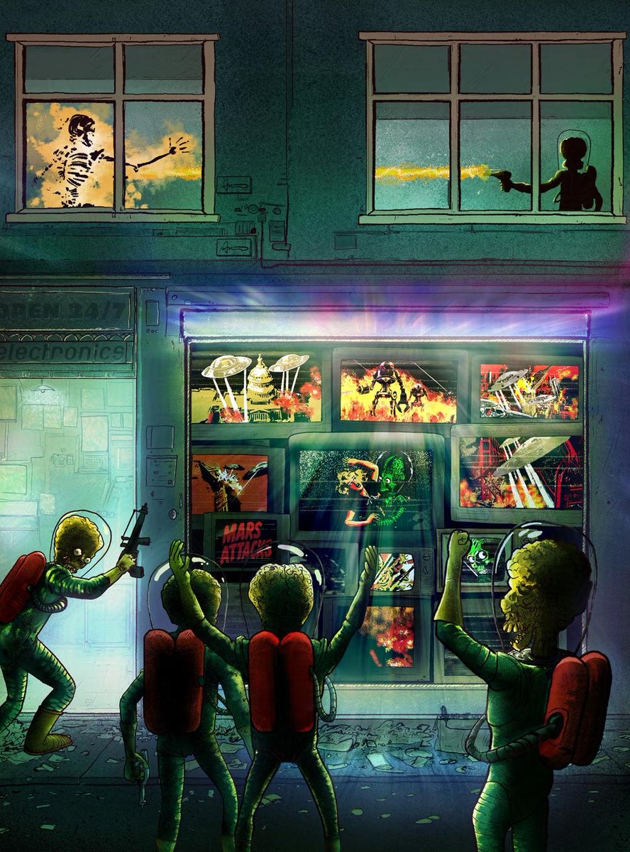 edgar_ascensao's tweet image. Excited to finally reveal my art for #MARSATTACKS! as featured in the officially licensed artbook from @PrintedinBlood 👽

I created a composition that brings together several iconic @Topps  cards on the screens of the TV store, as if they were live broadcasts of the invasion.