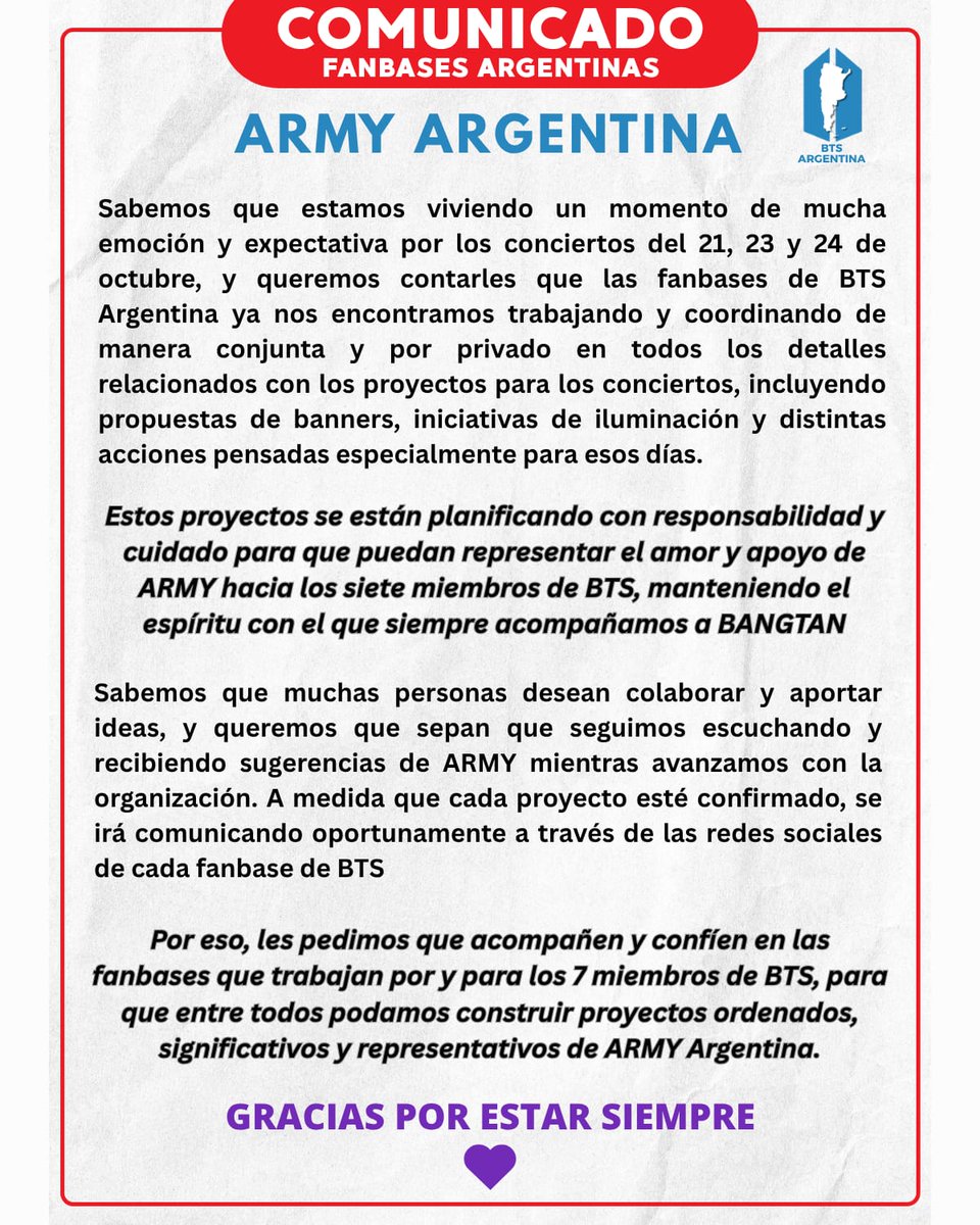 RunBTSArg's tweet photo. 🇦🇷 ARMY ARGENTINA

Les pedimos por favor leer y difundir el siguiente comunicado ‼️

Además, les compartimos el formulario para seguir recibiendo sus ideas y propuestas para los proyectos de los conciertos del 21, 23 y 24 de octubre 

🔗 https://t.co/tGHXlMhrwv https://t.co/51JoraxXoi