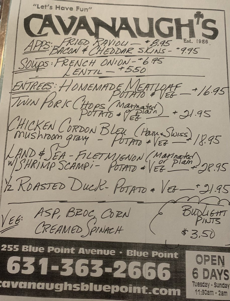 CavanaughsPub's tweet image. Thursday Night Dinner Specials, Kitchen Serving Dinner, Appetizers &amp;amp; To Go’s Till 9:30pm. #cavanaughs #BluePoint #Bayport #Beerofthemonth #BudLight #Cavs