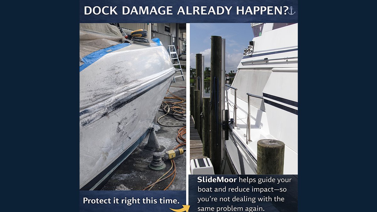SlideMoor's tweet photo. Has your boat ever been damaged at the dock? 
Traditional tie-ups can only do so much when wind, tide, and movement come into play. If you’ve already had to fix damage… now is the time to upgrade your setup.

 Protect it right this time with SlideMoor! https://t.co/KzCekdCtIl https://t.co/ZdcROz6NUf