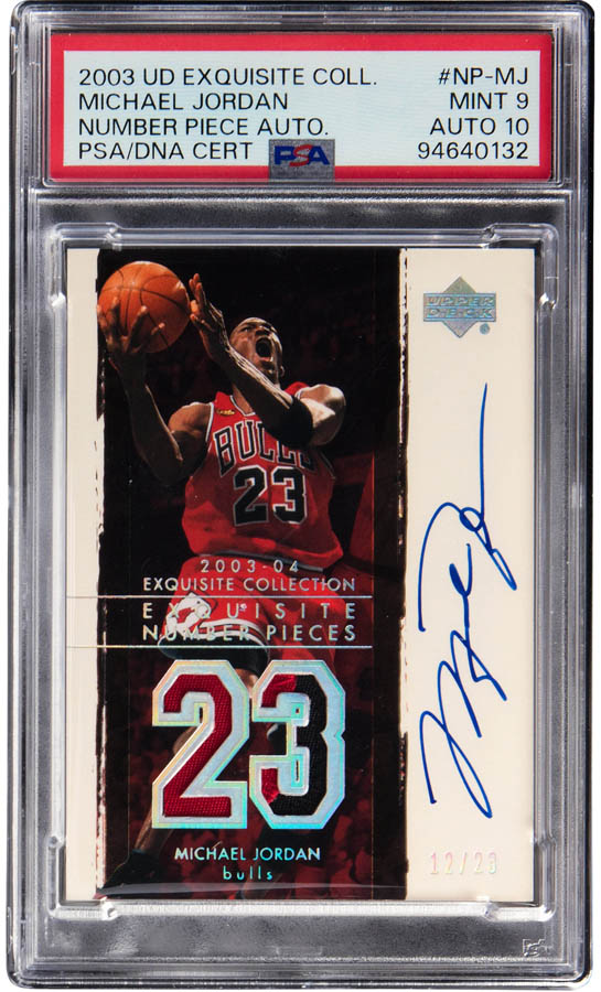 Exquisite Patches: Vol. 2

2003-04 Michael Jordan Number Pieces Auto /23. Numbered to his Bulls jersey. PSA Mint 9, Auto 10.

Jordan had been retired a year when this hit shelves. The hobby still built the most valuable set of the era around him.