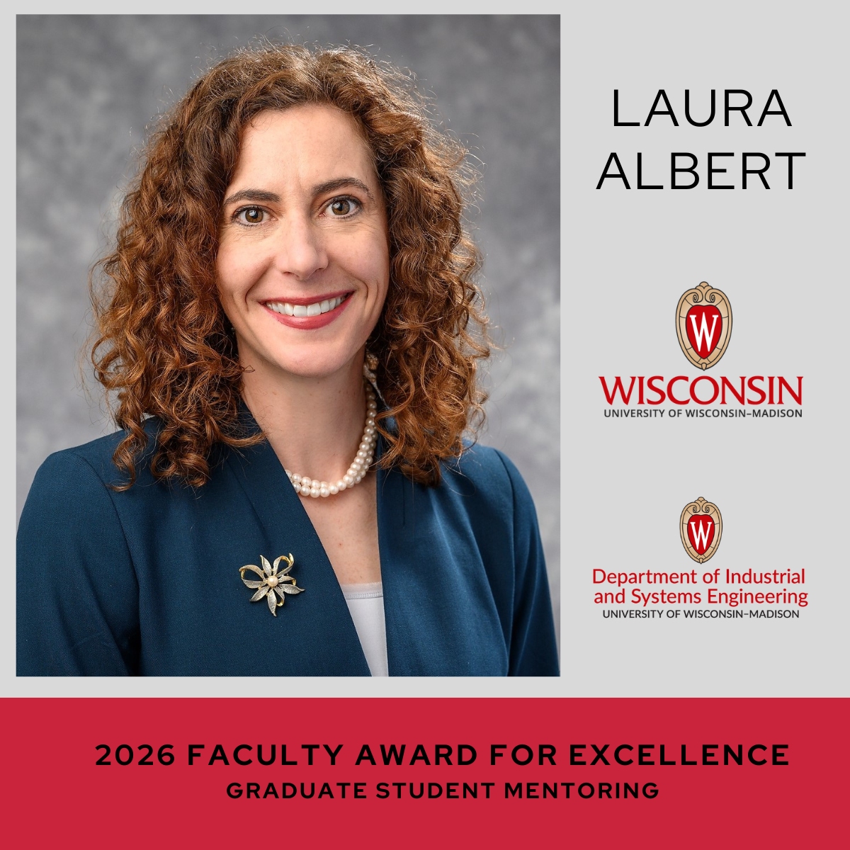 uwisye's tweet photo. @lauraalbertphd has received the Faculty Award for Excellence in Grad Student Mentoring from @UWMadGSEd. This prestigious award recognizes her unfailing dedication to the success of her students. Congratulations, Laura! @uwmadengr https://t.co/O5UlgqLToh