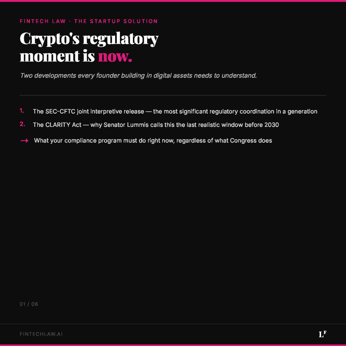 FintechLaw_AI's tweet photo. The CLARITY Act may be crypto's last window before 2030.

SEC + CFTC just issued landmark joint guidance. But interpretive guidance ≠ statute.

The Howey test still applies. State licensing still applies. The window is open — but not indefinitely.

Swipe ➡️

#ClarityAct #CryptoRegulation #FinTechLaw