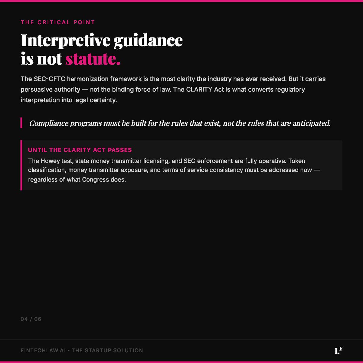 FintechLaw_AI's tweet photo. The CLARITY Act may be crypto's last window before 2030.

SEC + CFTC just issued landmark joint guidance. But interpretive guidance ≠ statute.

The Howey test still applies. State licensing still applies. The window is open — but not indefinitely.

Swipe ➡️

#ClarityAct #CryptoRegulation #FinTechLaw