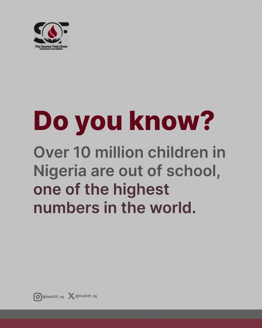 theSOF__ng's tweet photo. You went to school today but over 10 million children in Nigeria didn’t.

Not because they don’t want to learn.
Not because they don’t have dreams.
But because they don’t have access.

Be part of the change. Start by spreading awareness.

#DoYouKnow #EducationForAll
#CreateImpact https://t.co/VeAouklhC2