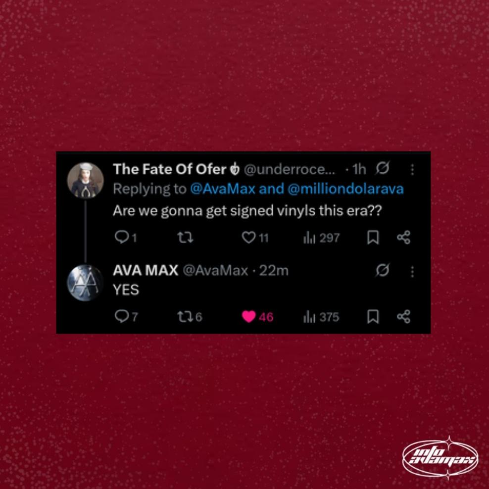 InfoAvaMax's tweet photo. Ava Max reveals in new Q&amp;A that #AM4 will have signed vinyls!! https://t.co/rsjMt28kEC