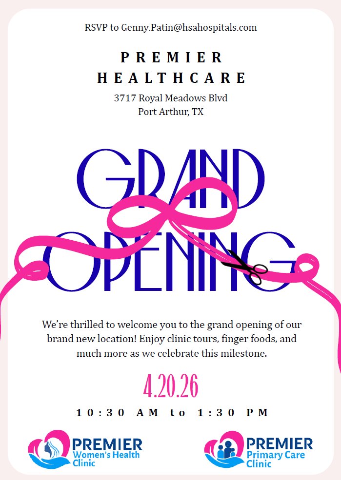 MedCenterSETX's tweet photo. Join us as we celebrate a major milestone for our community at the opening of our new Premier Women’s Health Clinic and Premier Primary Care Clinic! 

📍 3717 Royal Meadows Blvd, Port Arthur, TX
🗓 April 20, 2026
⏰ 10:30 AM – 1:30 PM
Ribbon Cutting at 11:00 AM. https://t.co/jETrSRkJQ4