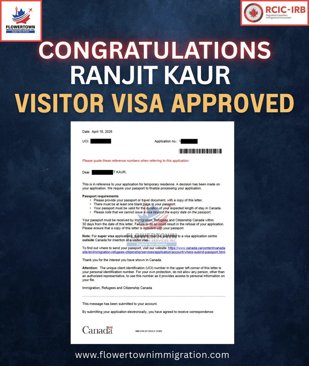 flowertownimmi's tweet image. Big congratulations to Ranjit Kaur 🎉👏
Visitor Visa Approved for Canada 🇨🇦

Another successful step towards your Canadian journey! ✈️
Dreams turning into reality 💯

Want the same result?
Apply smart, apply right! 🚀

#VisaApproved #CanadaVisa #SuccessStory #VisitorVisa